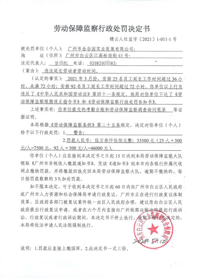 劳动保障监察行政处罚决定书穗云人社监字202110111号