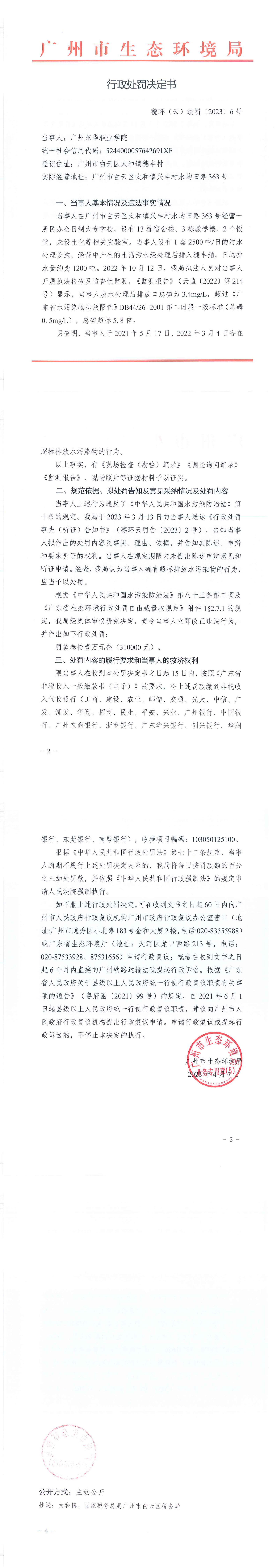 行政处罚决定书（穗环（云）法罚〔2023〕6号）（广州东华职业学院）.png